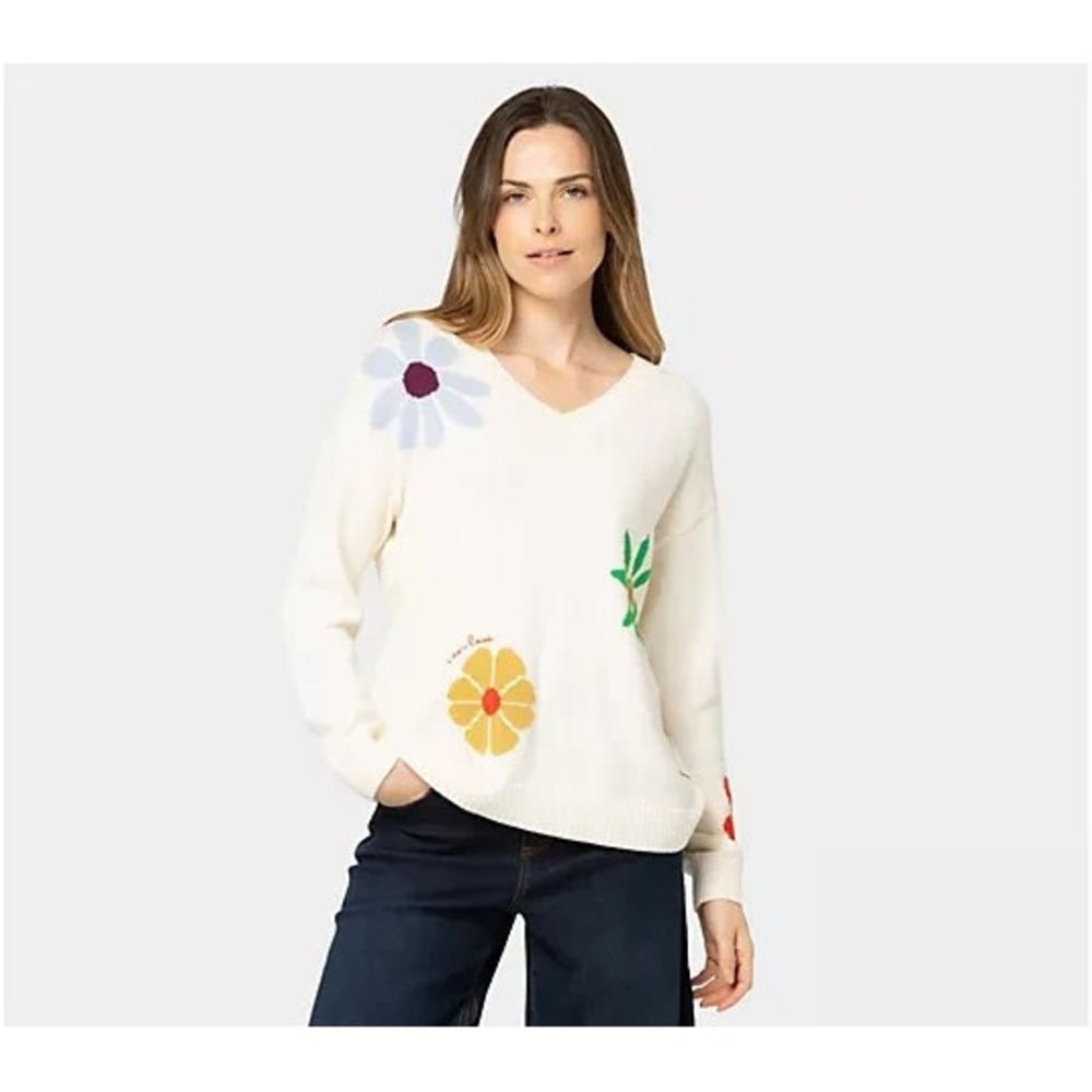 Peace Love World Garden Party Motif Cotton V-Neck Sweater Pristine, Small